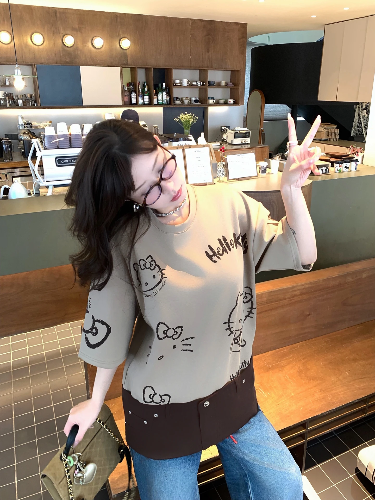 

Женская повседневная облегающая футболка Xueke Brown Splice Fit Kit с круглым вырезом, модная, длиной до середины бедра