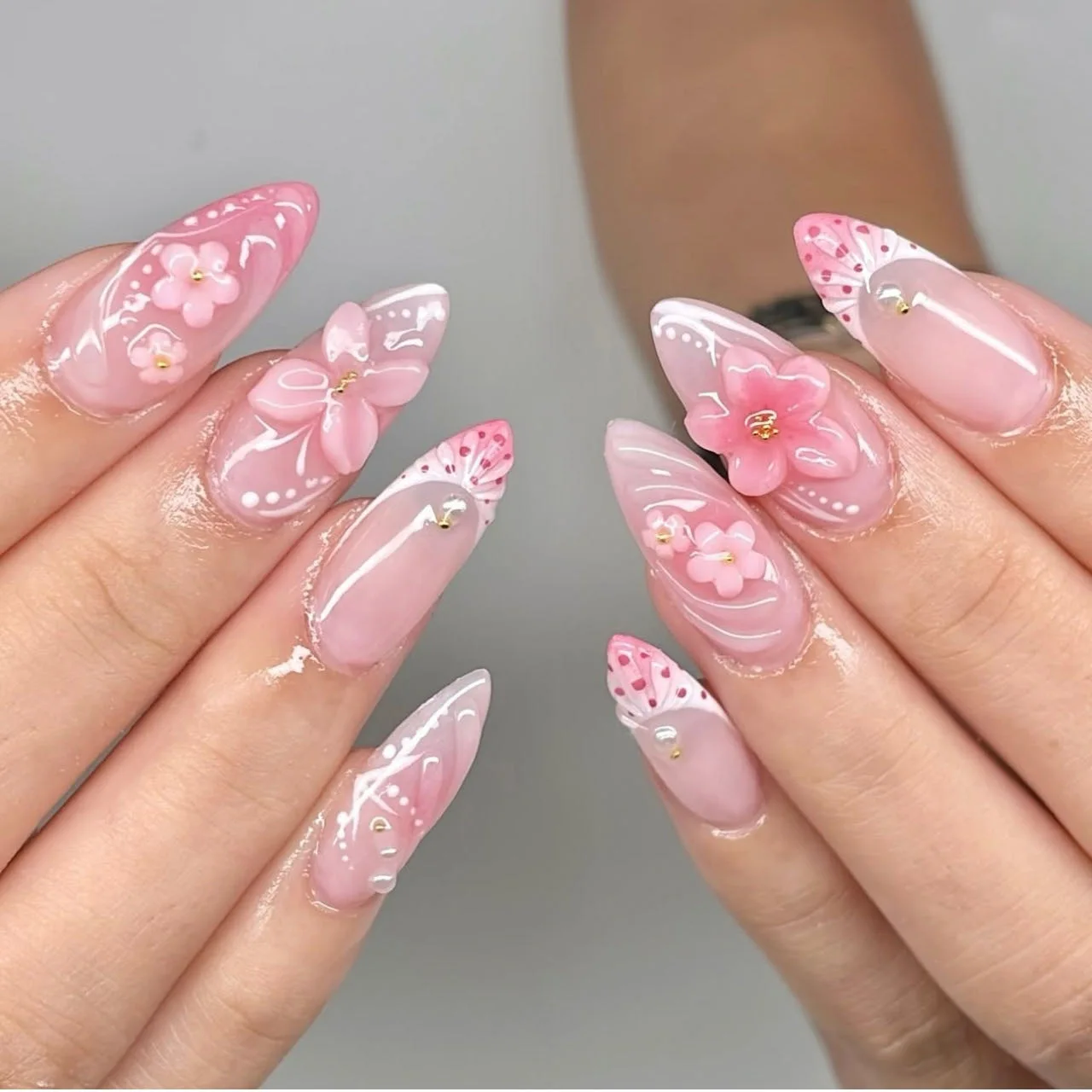 Hot-selling sweet ins wind pink three-dimensional butterfly 3D carved flower gradual change wearing nail finished nail art sticker