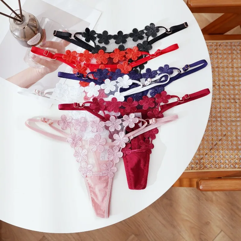 Large-size French-style Light Luxury See-through Thong for Women Sexy Adjustable Metal Buckle Embroidered Flower Lace Panties
