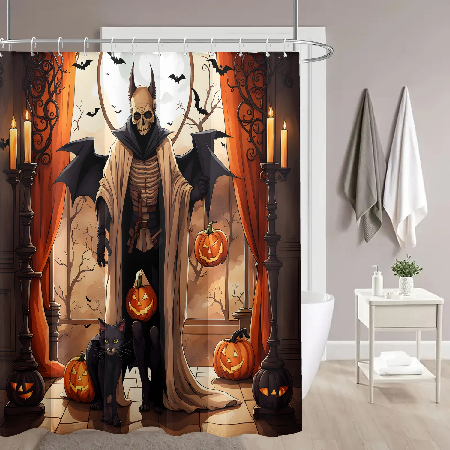 1 piece of Halloween pumpkin bat skeleton shower curtain with plastic hooks, decorated with autumn and winter cartoon holiday st