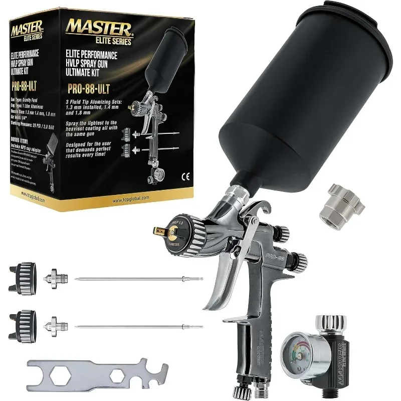 home.Performance PRO-88 Series HVLP Spray Gun Ultimate Kit with 3 Fluid Tip Sets 1.3, 1.4 and 1.8mm and Air Pressure Regulators