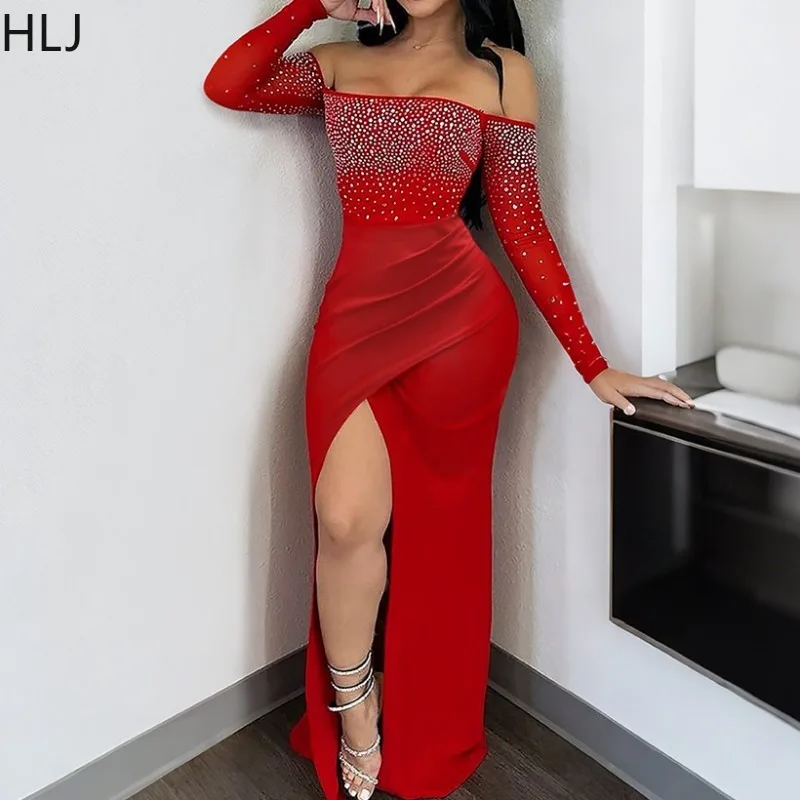 

HLJ Elegant Rhinestone Patchwork Bodycon Long Dress Woman Off Showlder High Slit Dresses Female Streetwear Vestidos 2025 Summer