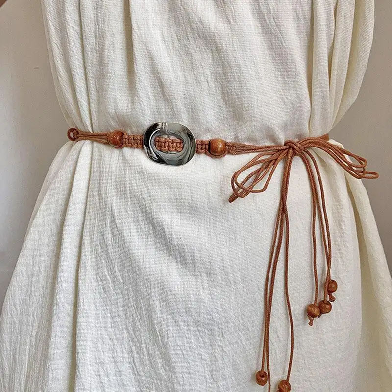 Women Boho Plain Metal Buckle Beaded Knot Waistband Retro Ethnic Style Dress Jeans Waist Chain Belt Female Beach Accessories