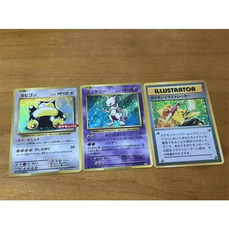 3pcs/set Pokemon Mewtwo Snorlax Animation Characters Self Made Refraction Flash Card Anime Classics Game Collection Cards Toy