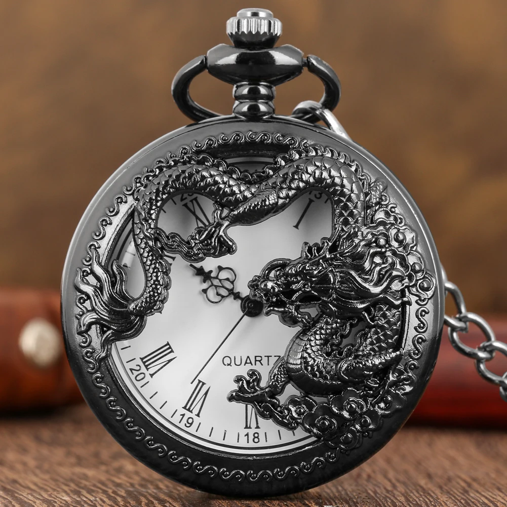 Antike schwarze chinesische Drachen Vintage Taschenuhr römische digitale Zifferblatt Halskette Uhr Anhänger und Ketten alte Mode Steampunk Uhr