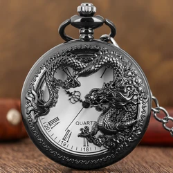 Antique Black Chinese Dragon Vintage Pocket Watch Roman Digital Dial Necklace watch fobs and chains Old Fashion steampunk Watch