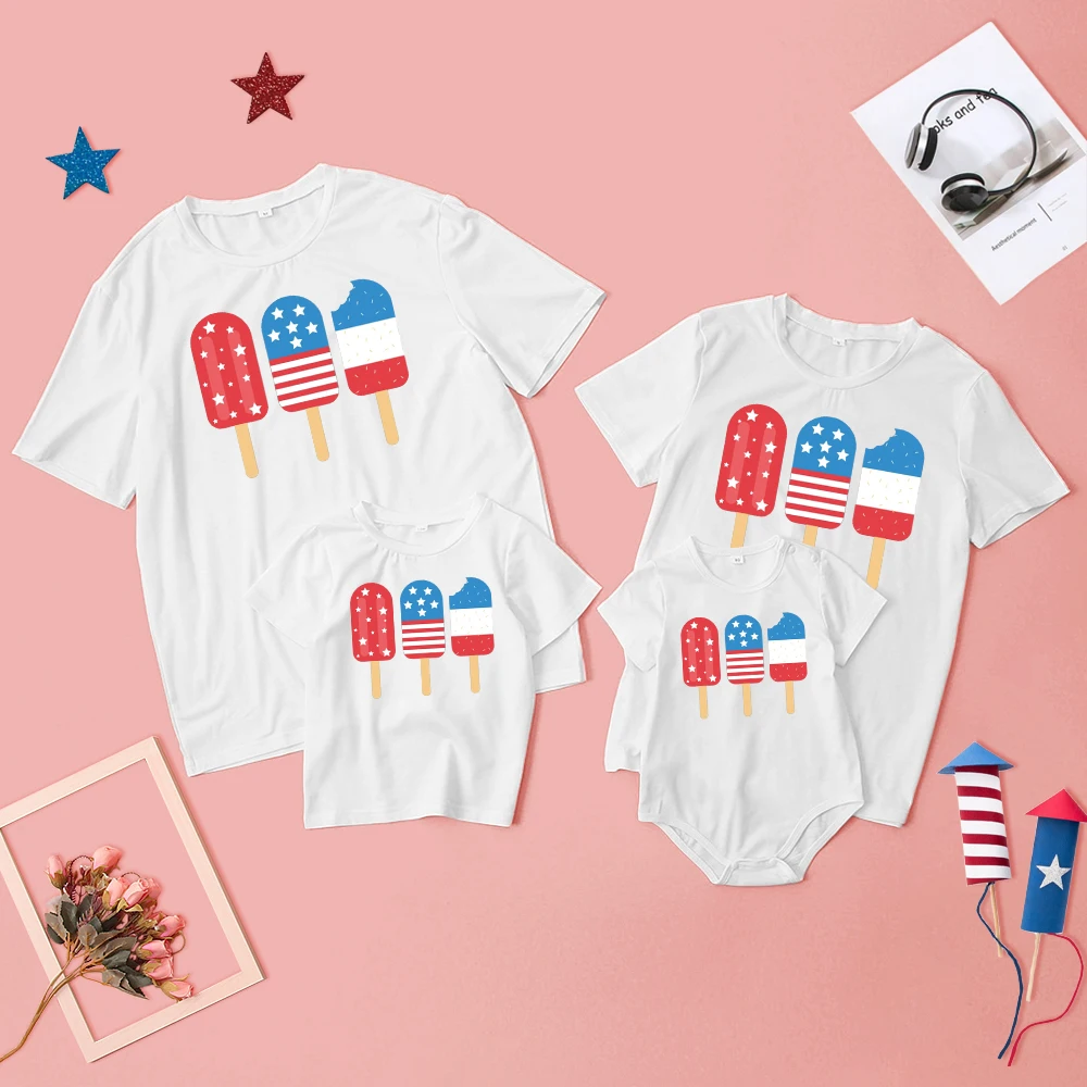 Independence Day Mommy and Me T-shirt Kids Family Matching Outfits Mom Son Daughter Ice Cream Star Print  Short sleeve T-shirt