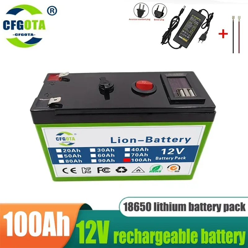 Upgrade 18650 100Ah 12V Lithium Battery Rechargeable LiFePO4 Battery for Solar Energy Electric Vehicle Battery + Charger