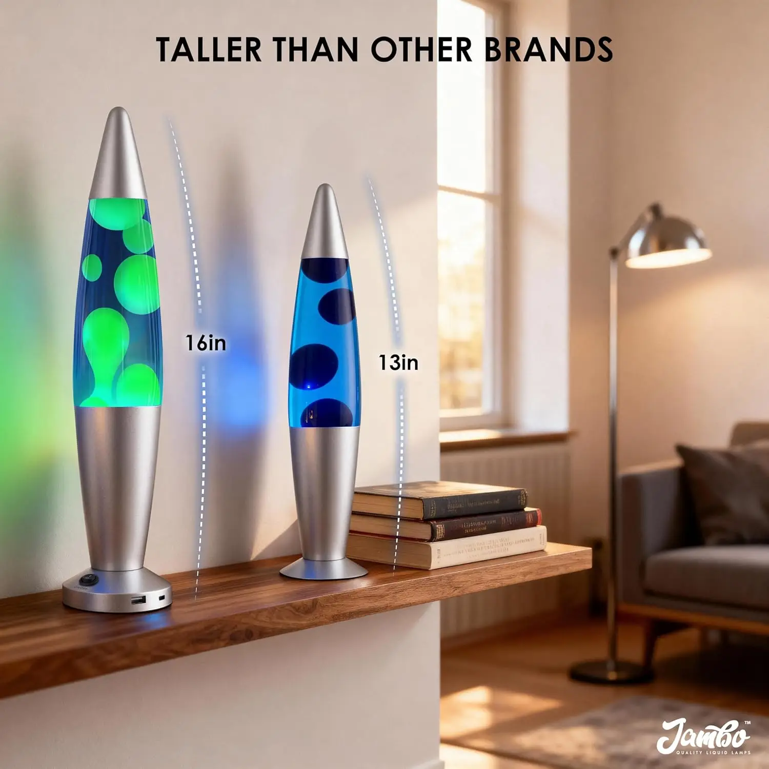 Lampe liquide de mouvement 16 "avec Ports USB, cire jaune liquide bleue, veilleuse relaxante pour chambre à coucher, salon, bureau