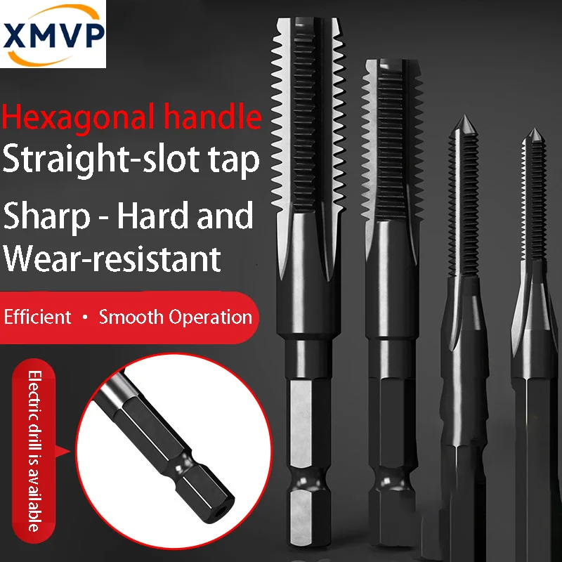

Electric drill tap machine with hexagonal handle, with straight slot at the tip for tapping M4, M5, M6, M8, M10, M12 threads. Co
