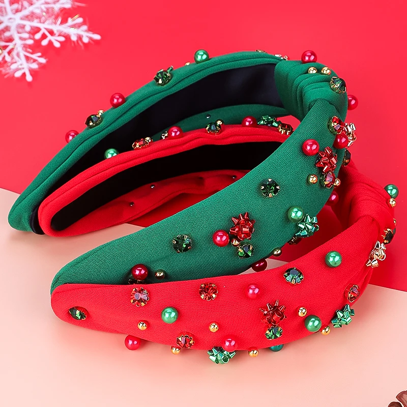 New Christmas Pearl Headband Needlework Green With Drill Headband Women's Holiday Party Decoration Hair Accessories