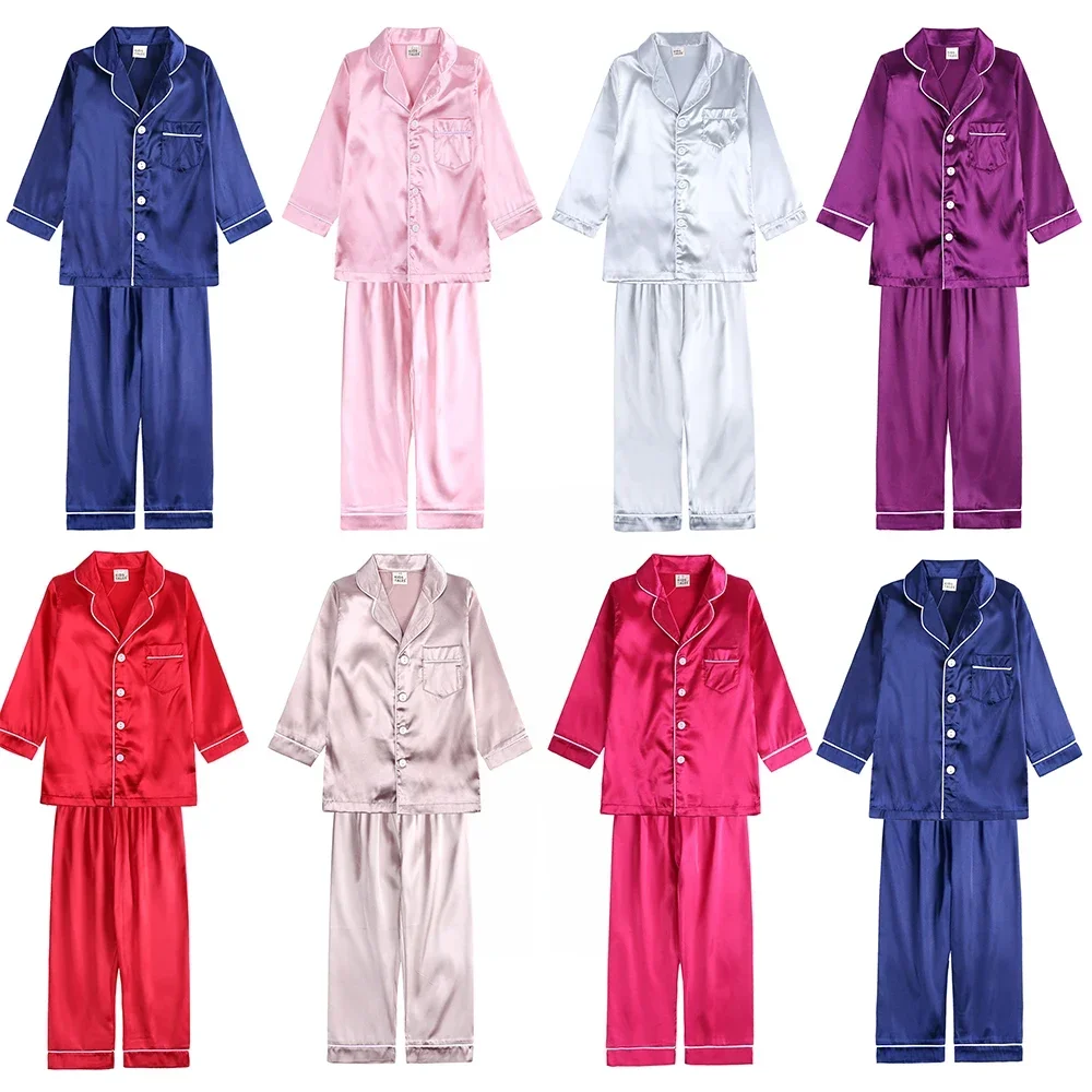 2024 Kids Children Silk Satin Pajamas Solid Clothes For Boy Girl Lounge Suit Cute Teenage Sleepwear Family Match Christmas Pjs