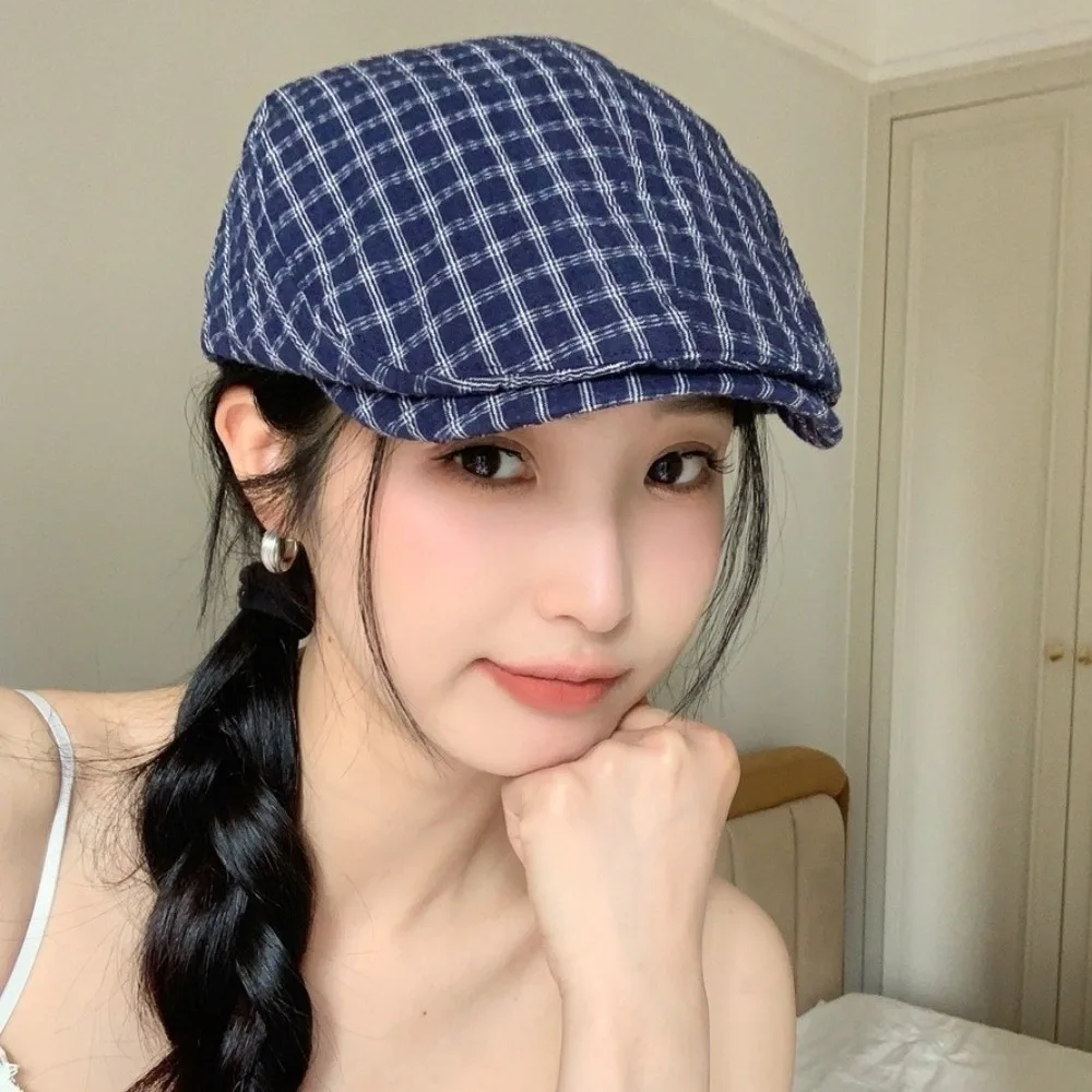 

Vintage Forward Cap Plaid Berets Korean Style Y2k Newsboy Caps Face Slimming Thin Painter Hat Ladies