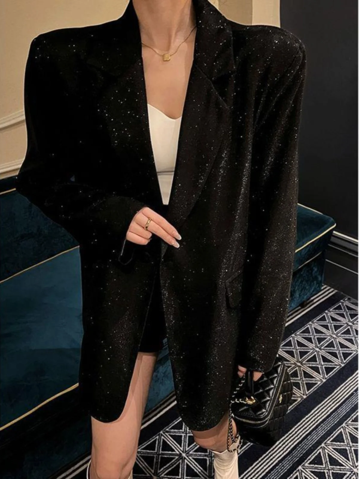 بدلة ترتر عتيقة متوسطة الطول Jaet iny ملابس خارجية طويلة Sve Commute Sle لون نقي مجموعة خريف نسائية Faion #2