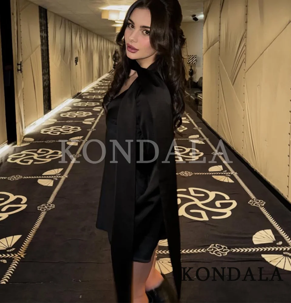 KONDALA Party Czarna Satynowa Mini Sukienka Damska Seksowna Sukienka z Dekoltem w Serek i Długim Rękawem Krótka Sukienka na Wiosnę 2026 Modna Sukienka Koktajlowa na Imprezę do Klubu Nocnego