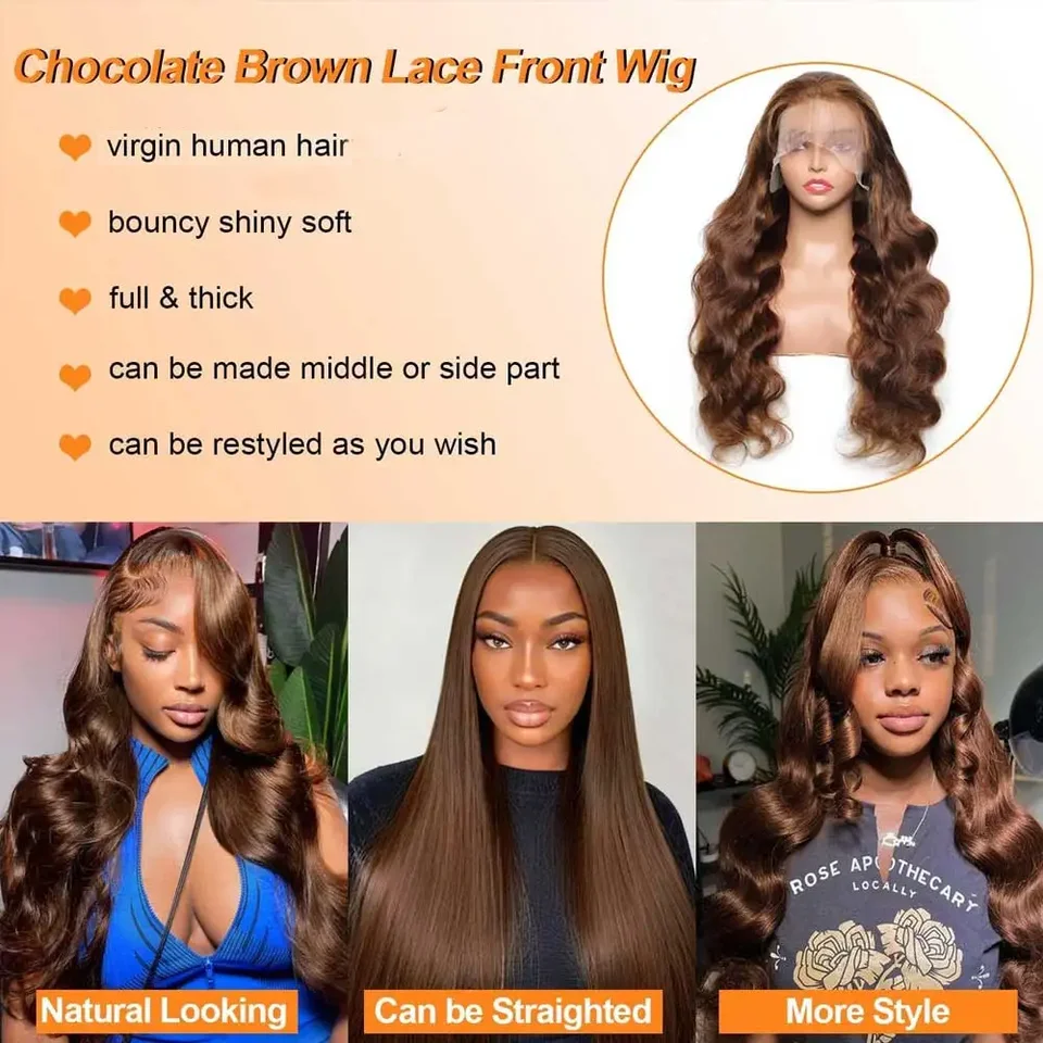 Peluca de cabello humano color marrón chocolate, Body Wave, frontal de encaje HD 13X4, para mujer, mojada y ondulada 5