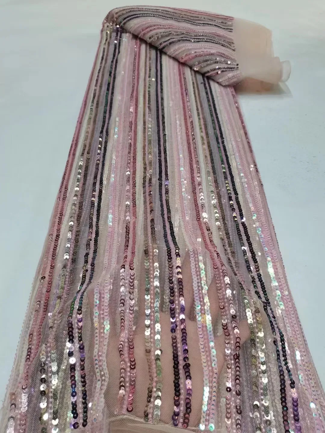 

Multicolor Stripes Lace Fabric High Quality African Lace Embroidery Handmade Beads/Sequins Lace Fabric For Nigerian Wedding Sew