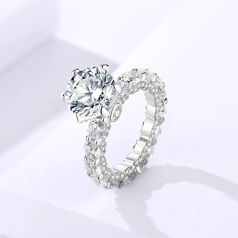 Anel Moissanite Clássico de Quatro Carates, Seis Prong, Prata Esterlina S925 Conjunto Completo Zircão, Anel De Noivado Premium, Moda