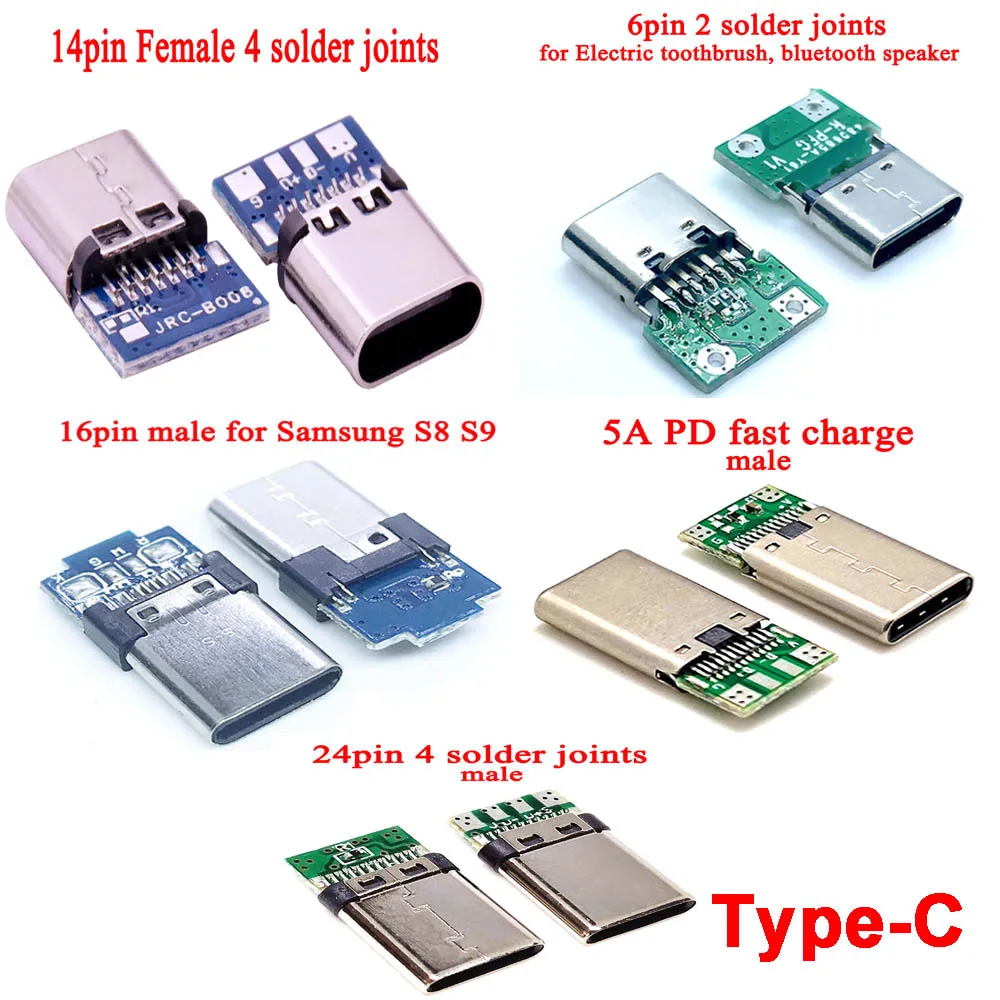 

5pcs USB 3.1 Type C Connector 14 Pin Female Socket receptacle Through Holes PCB 180 Vertical Shield USB-C