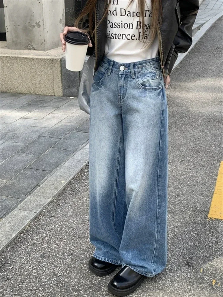 Women's Wide Leg Straight Washing Blue Jeans Street Vintage Cool Girl High Waist Baggy Pants Female Casual Denim Trousers