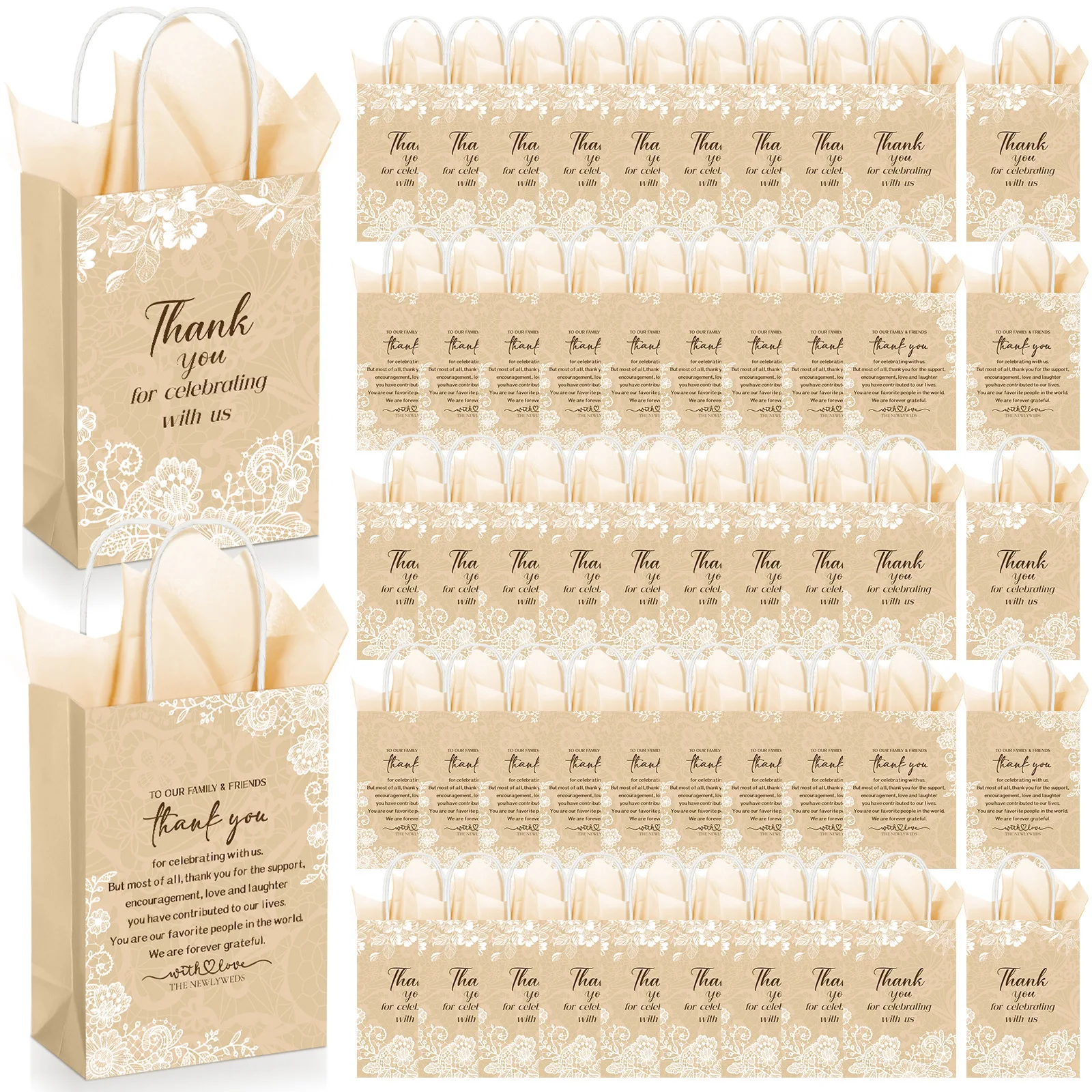 

100 Set Wedding Gift Bags with Tissue Paper Wedding Welcome Favor Paper Bags for Guests 8.27 * 3.15 * 5.91inch(Vintage Lace)