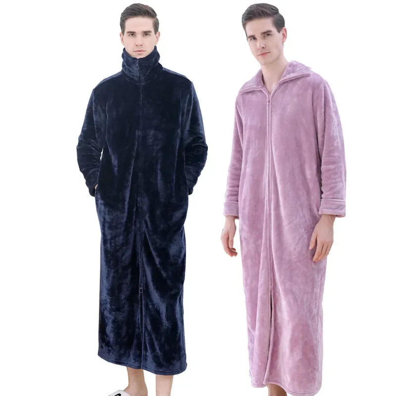 Men Winter Extra Long Thick Warm Bath Robe Plus Size Zipper Luxury Flannel Peignoir Pregnant Bathrobe Women Coral Fleece Robes