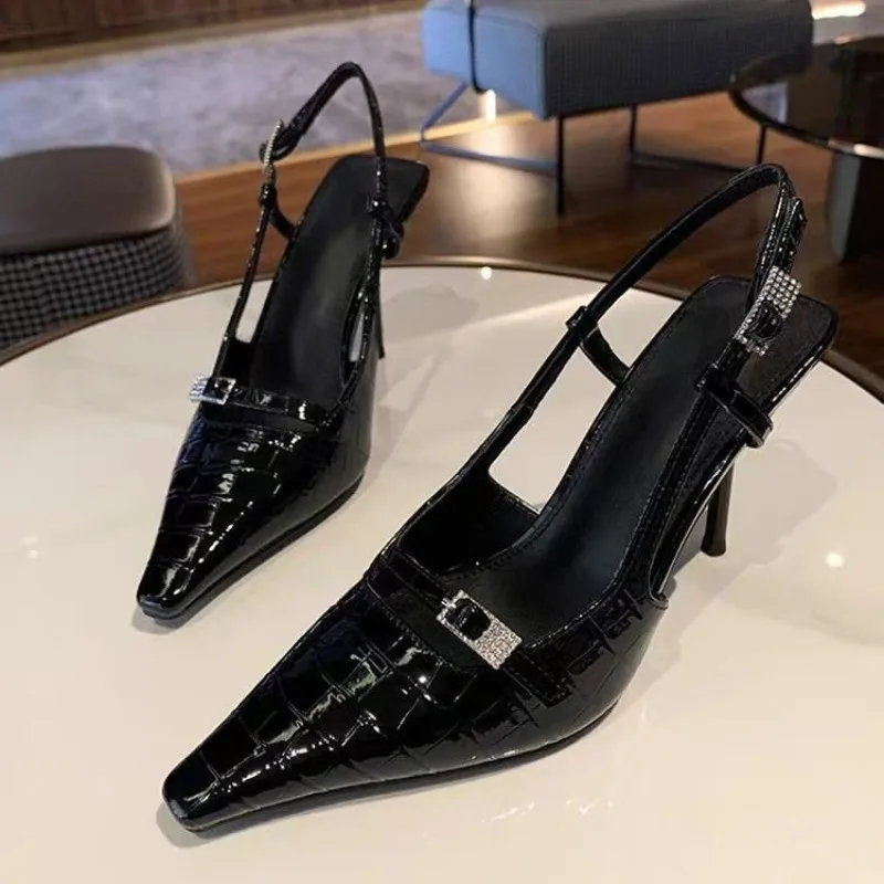 Black Patent Leather High Heels Women's Summer New Pointed Toe Wrap Around Ankle Strap Sandals Thin Heel Fashionable Shoes