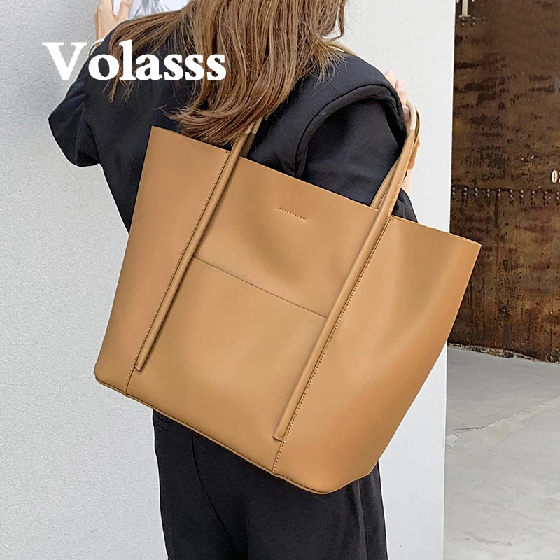 

VOLASSS Ladies Leather Trapeze Bag Vintage Women's Tote Bag Large Capacity Cowhide Soft Shoulder Bag Versatile Commute Handbag