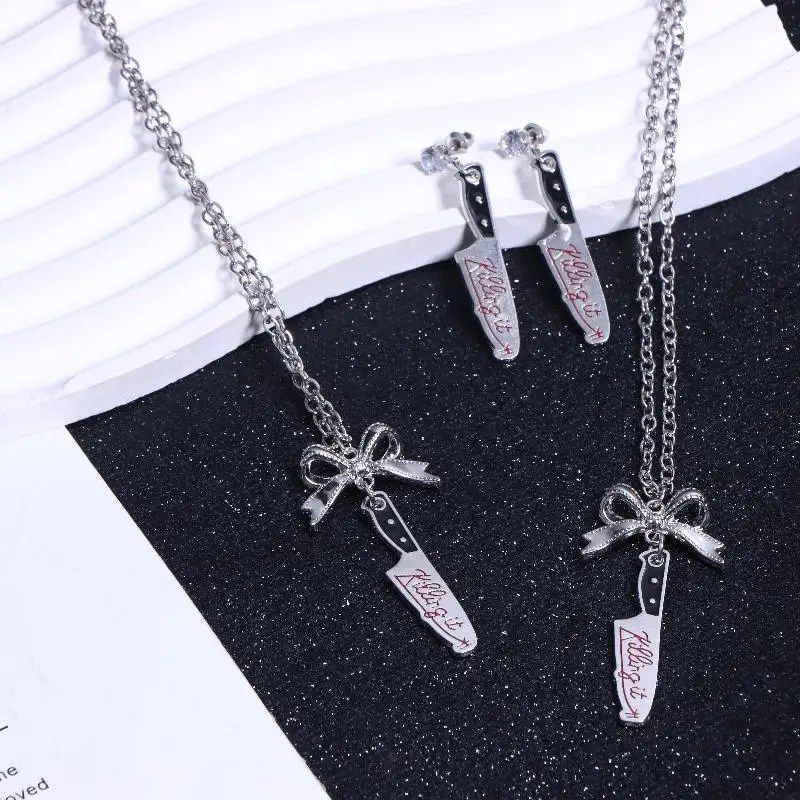 مجموعة قلادة على شكل فيونكة خنجر على الطراز القوطي الشرير - قلادة وأقراط أداة محاكاة Y2K، مجوهرات ذات بيان منفعل لملابس الحفلات البديلة #5