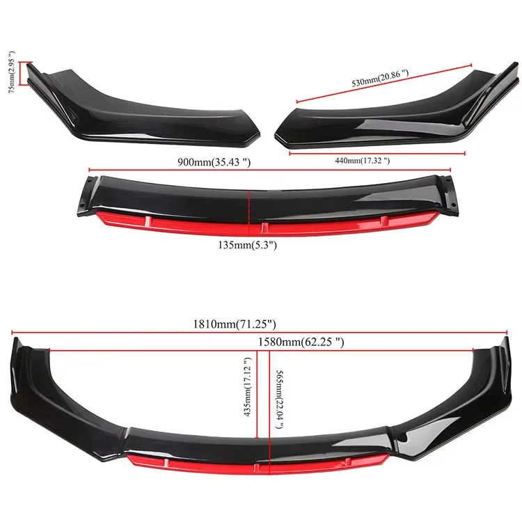 Vierteiliger Universeller Auto-Diffusor Frontlippe Frontspoiler Auto-Karosserie-Kit Schwarz&Rot Frontspoiler – Detail 6