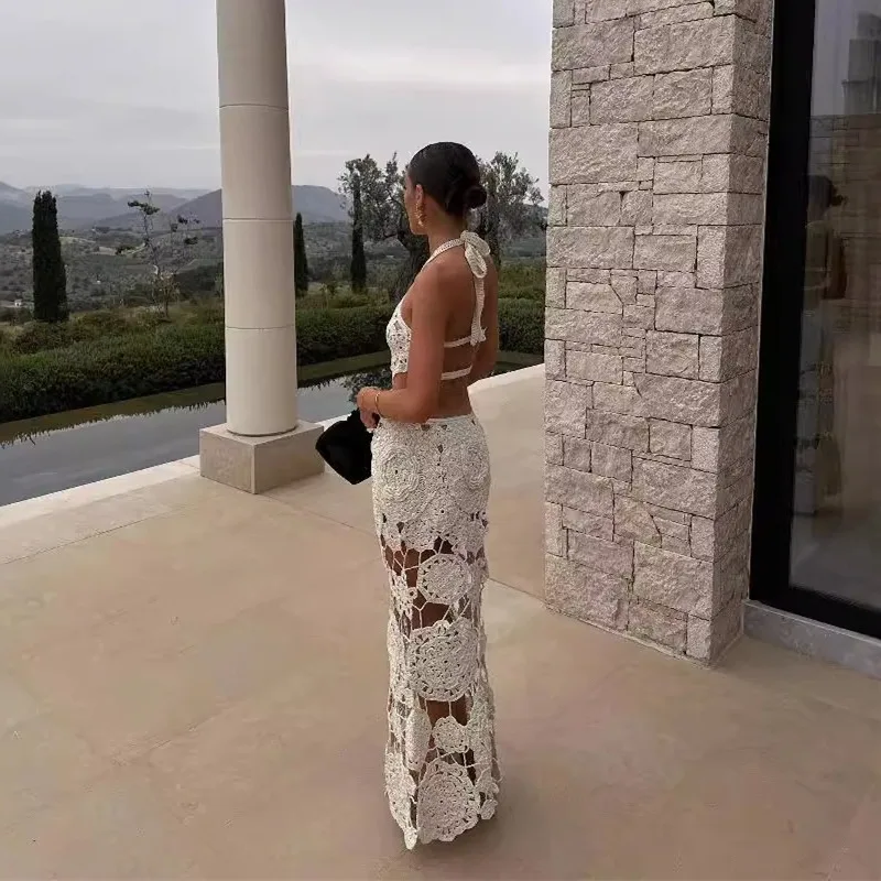 Elegant Women Halter Hollow Out Bodycon Dress Sexy Off Shoulder Sleeveless Slim Vacation Holiday Beach Boho Party Dress