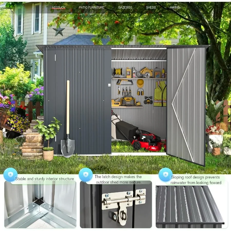 Waterproof Metal Lean to Bike Storage Shed, Small Heavy Duty Garden Tool Shed with Lockable Doors, Ventilated Outside Storage f