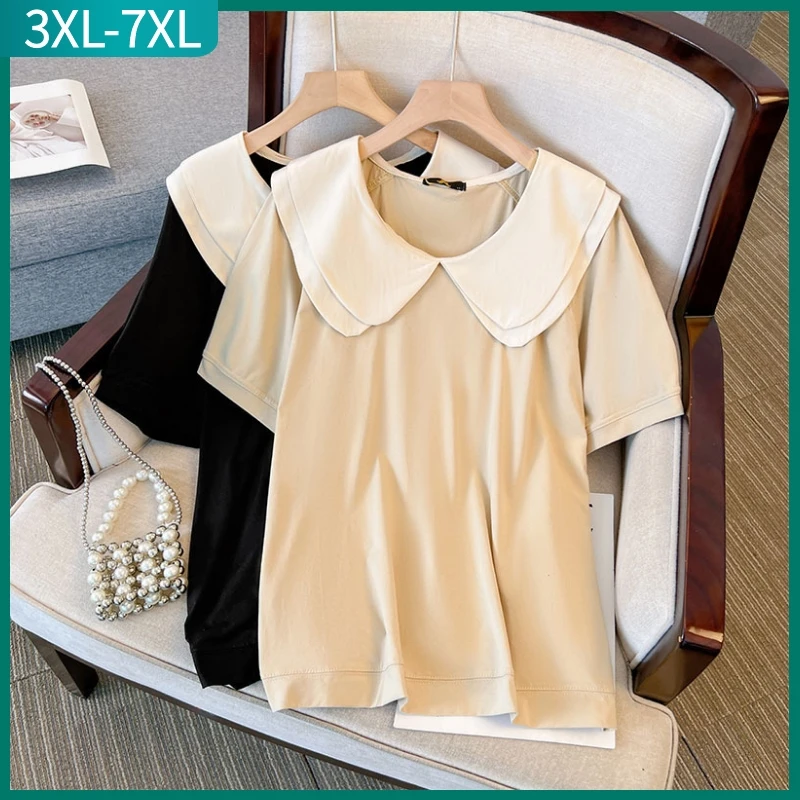 

New 2023 Summer Plus Size Tops For Women Large Size Short Sleeve Loose Cotton Beige Doll Collar T-shirt 3XL 4XL 5XL 6XL 7XL