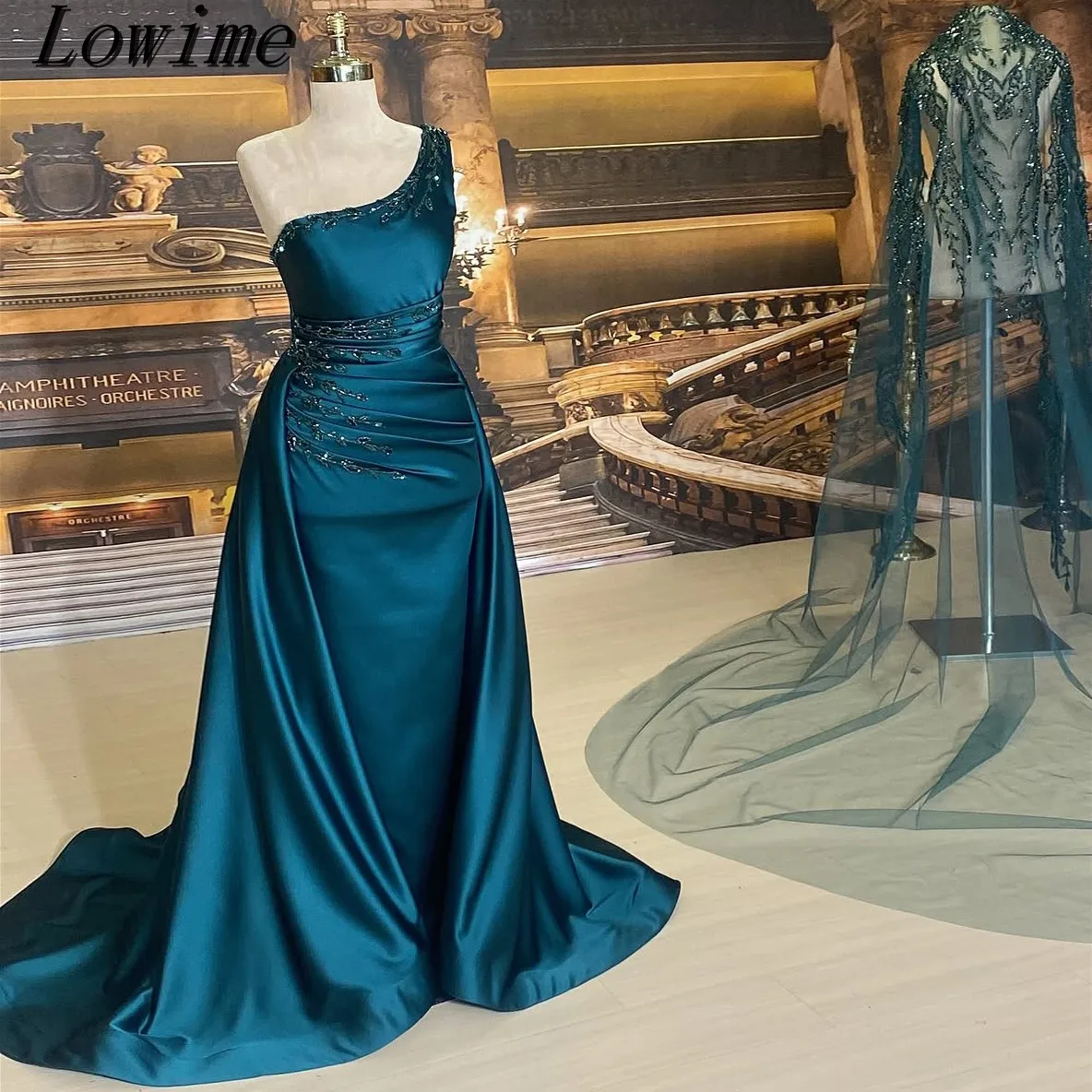 Customized Peacock Blue Arabic Dubai Beading Handmade Prom Dress With Train Simple One Shoulder Formal Evening Party Dress