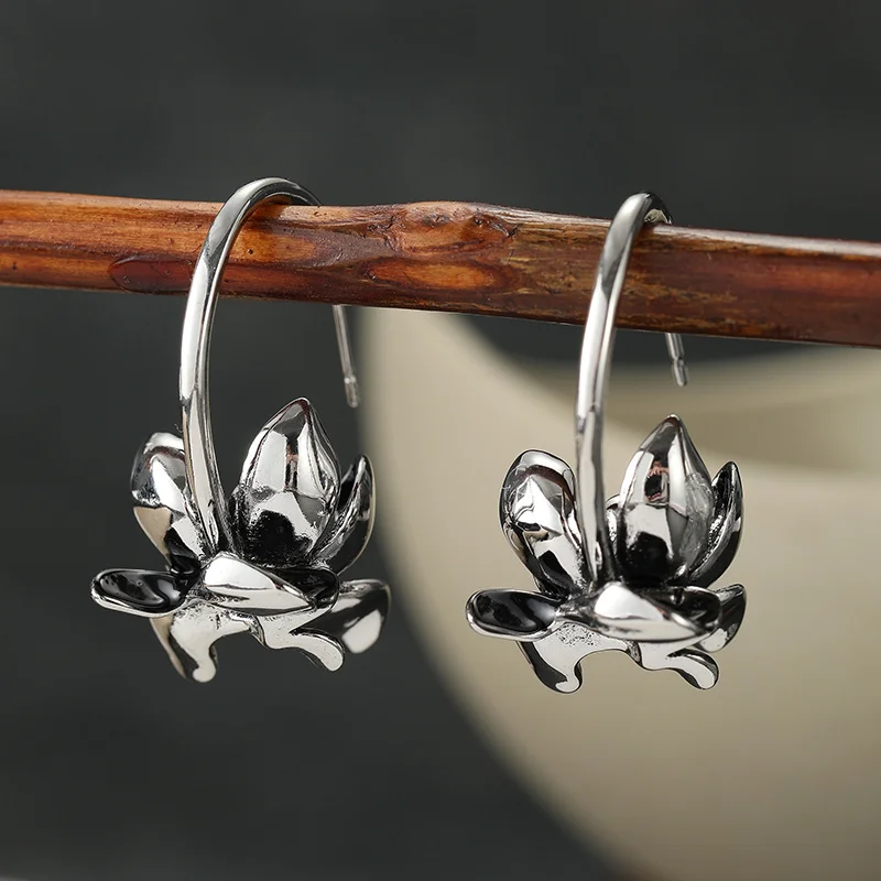 Ladies' Hanging Silver Plated Lotus Shape Earring Vintage Forest Style Casual Dangle Earrings Fashion Jewelry Accessory