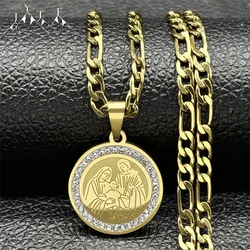 Christian Mother of Jesus Medallion Pendant Necklace for Women Men's Gold/Silver Color Stainless Steel Rhinestone Chain Jewelry