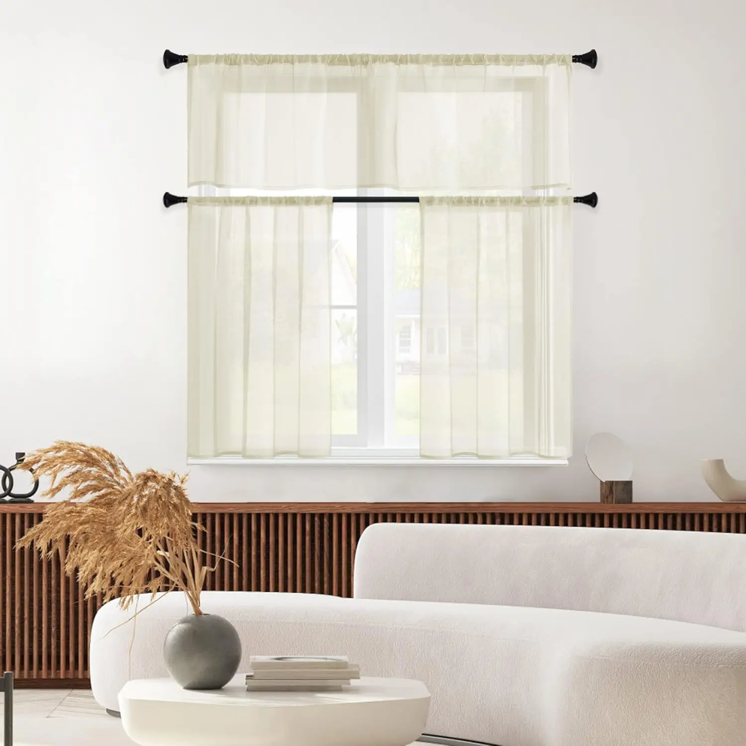 2 Paneele, beige, durchsichtige Vorhänge, 66 x 36 Zoll Länge, kurze Vorhänge, Lichtfilterstange, Taschen-Voile-Café-Vorhänge für die Küche