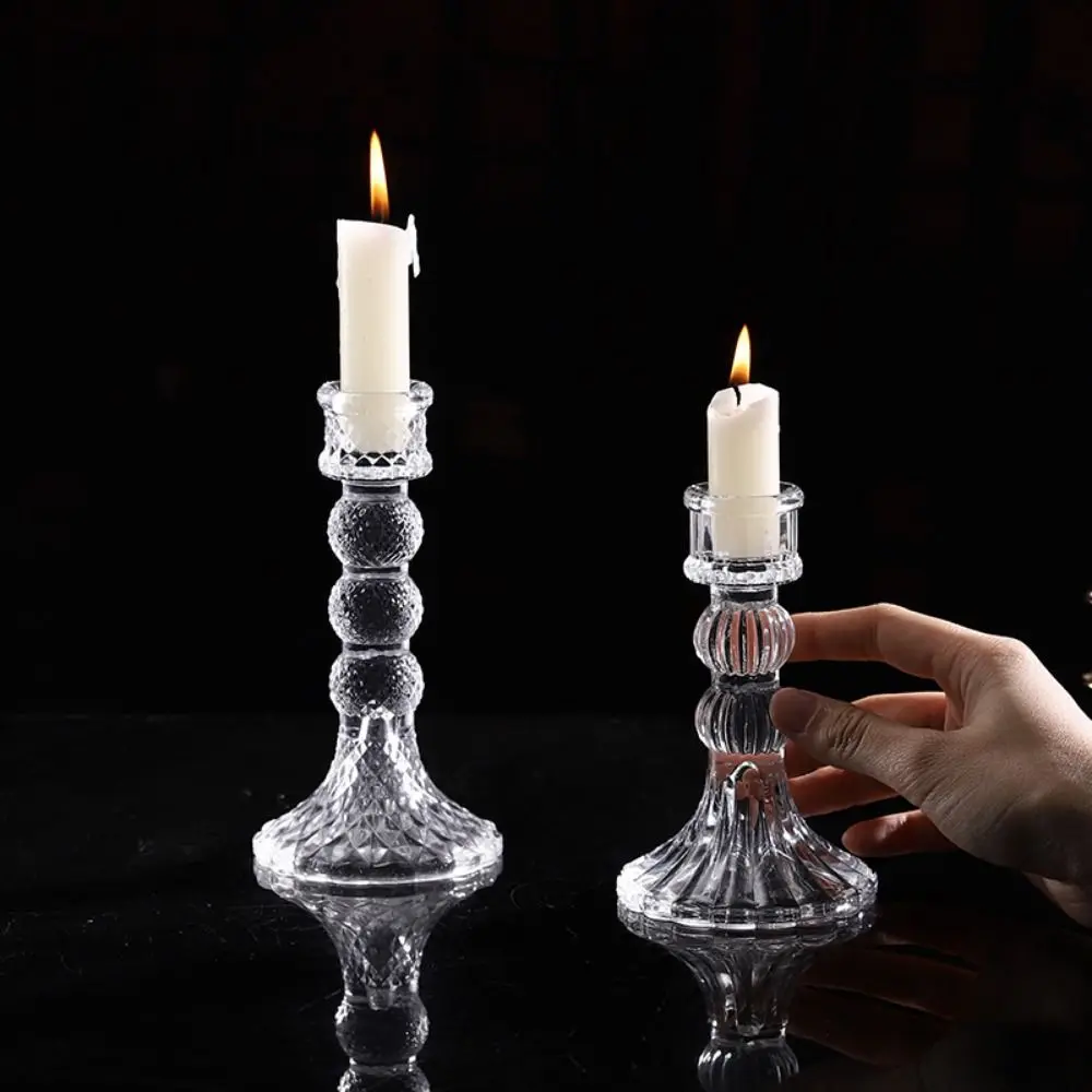 Vintage Glass Candle Holder Transparent Romantic Simple Candles Stand Durable Non-slip Roman Column Candlestick