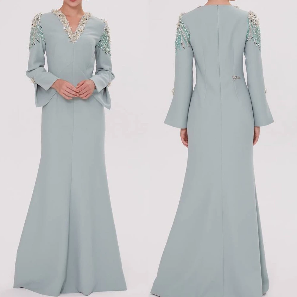 Customized Evening Prom Jersey Beading Formal A-line V-neck Bespoke Occasion Gown Long Es Saudi Arabia