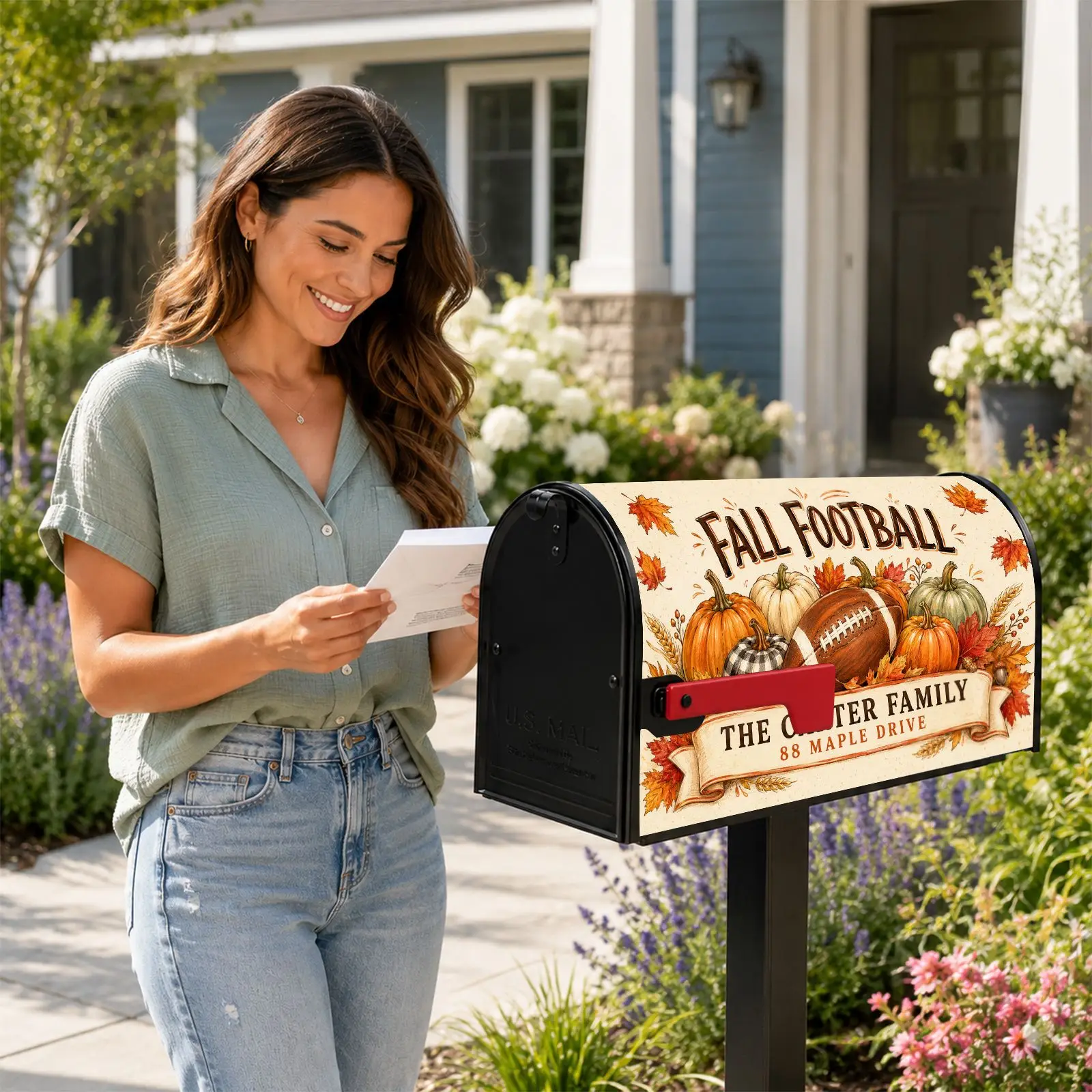 Custom Family Address &Photo Mailbox Cover Pumpkin Post Letter Box Cover for Outside Standard Mailbox Yard Outdoor Decor