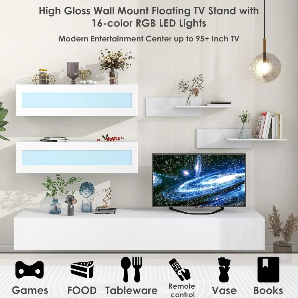 Wall Mounted Floating TV Bracket With Four Media Storage Cabinets and Two Shelves 16 Color RGB LED Light for Living Room Stand