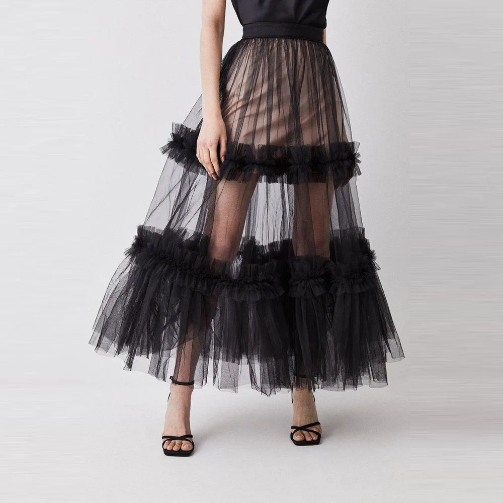 New Stylished Semi See Thru Tulle Women Skirts With Ruffles Trimmed Details A-line Mid Calf Tulle Skirt