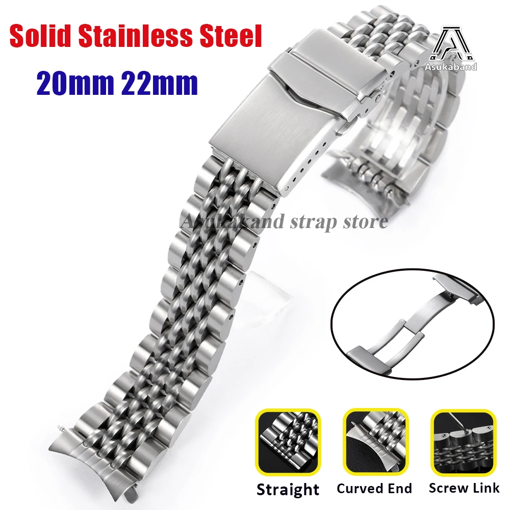 20mm 22mm Screw Link Solid Stainless Steel Straps for Seiko for Rolex Folding Buckle Watch Band Straight/Curved End Men Bracelet