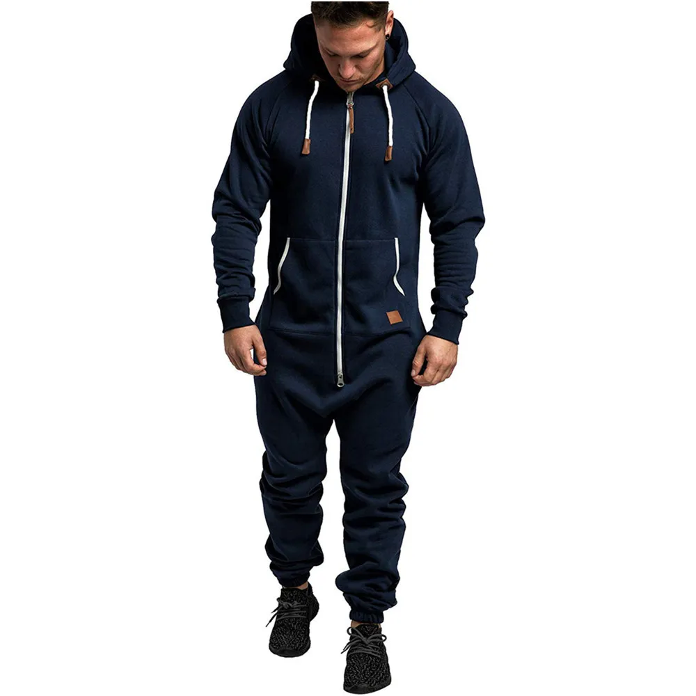 Hot Men\'s Jumpsuit Pajamas Long Sleeve Sweatpants Splicing Autumn Winter Casual Hoodie Male Zipper Jumpsuit Streetwear Overalls