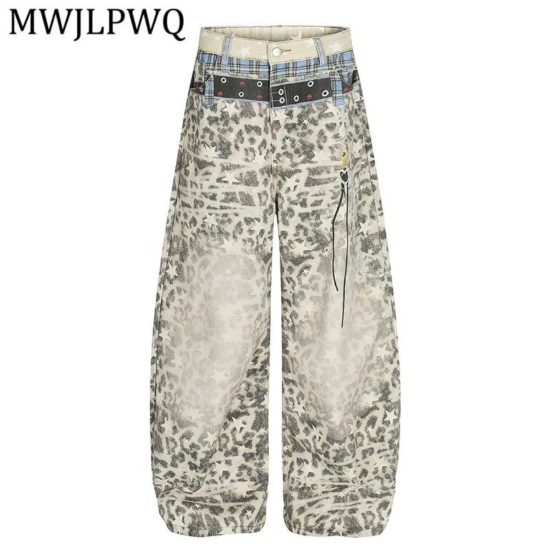 

MWJLPWQ 3D Printed Leopard Print Double-Waisted Machete Jeans Unisex New American Loose Distressed Street Wide Leg Pants 15866