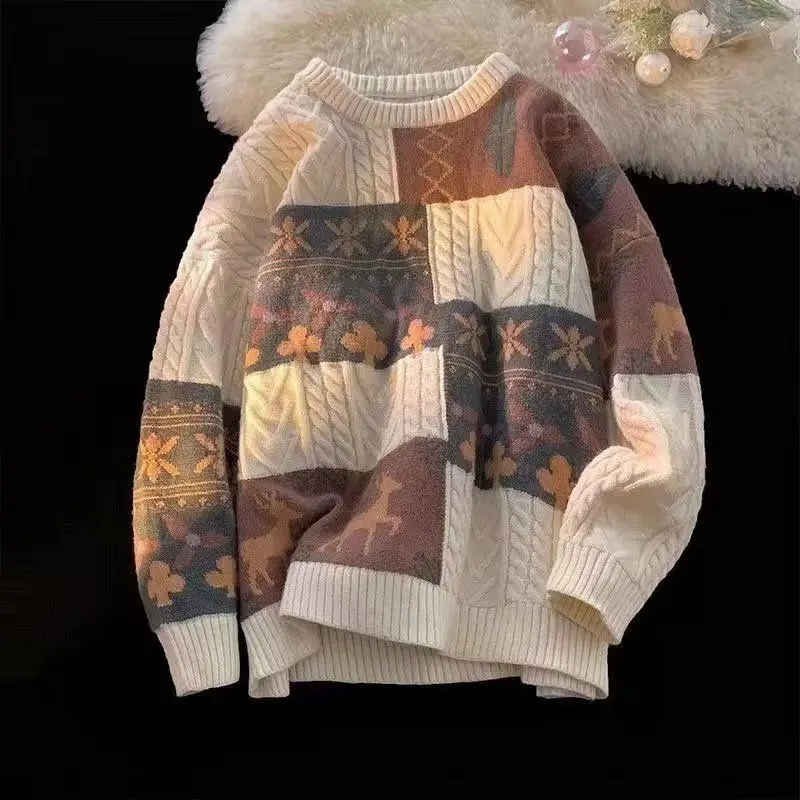 New original Christmas atmosphere couple casual sweater oversize lazy style sweater men's winter elk jacquard sweater trend y2k