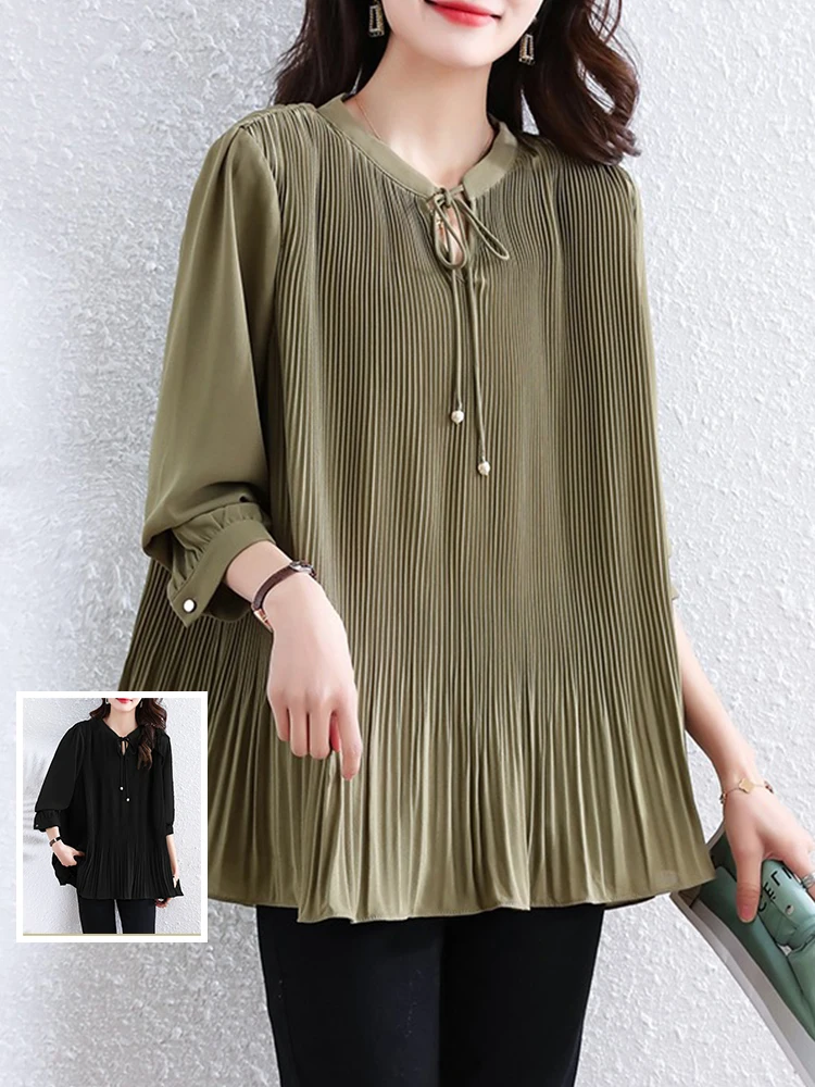 

Casual Long Sve V-Ne Pleated Design Pure Color Oversized Women's irt Spring Season Comfortable Loose Fit Inner Wear