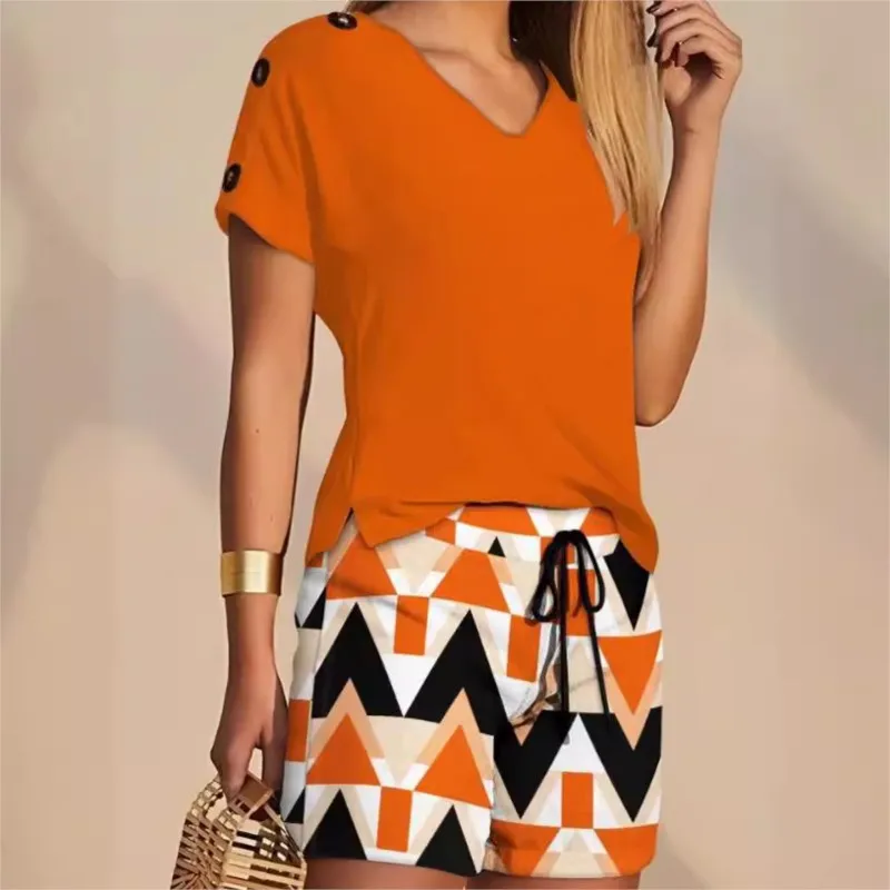 

Women New Summer Buttoned V Neck Short Sleeve Two Piece Sets Casual Top And Drawstring Design Shorts Set Fashion Solid Female