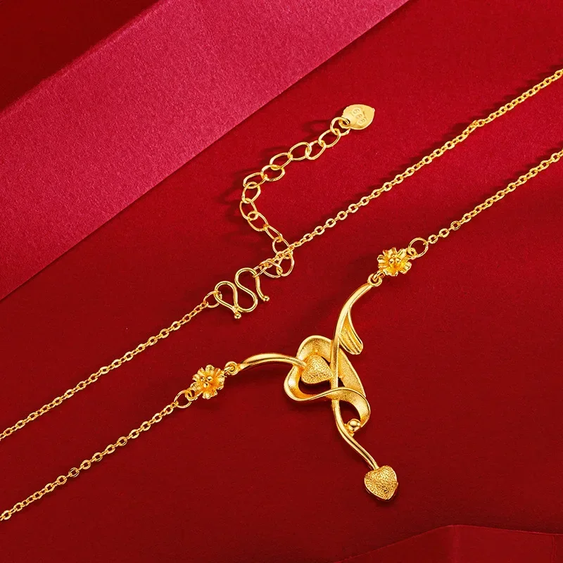 

9999 Real Gold Niche Design Sense One Arrow Double Heart Necklace High Sense Heart-to-heart Seal Collarbone Chain Gold Necklace