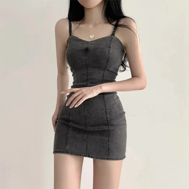 South korea Chic Summer Retro Open Line Design Sense Slim fit Slimming Sheath Denim Sling Dress Women